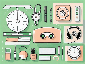 A classroom setting with close-ups of various focus-enhancing tools such as a fidget spinner