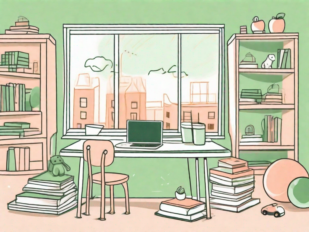 A child's desk with scattered toys