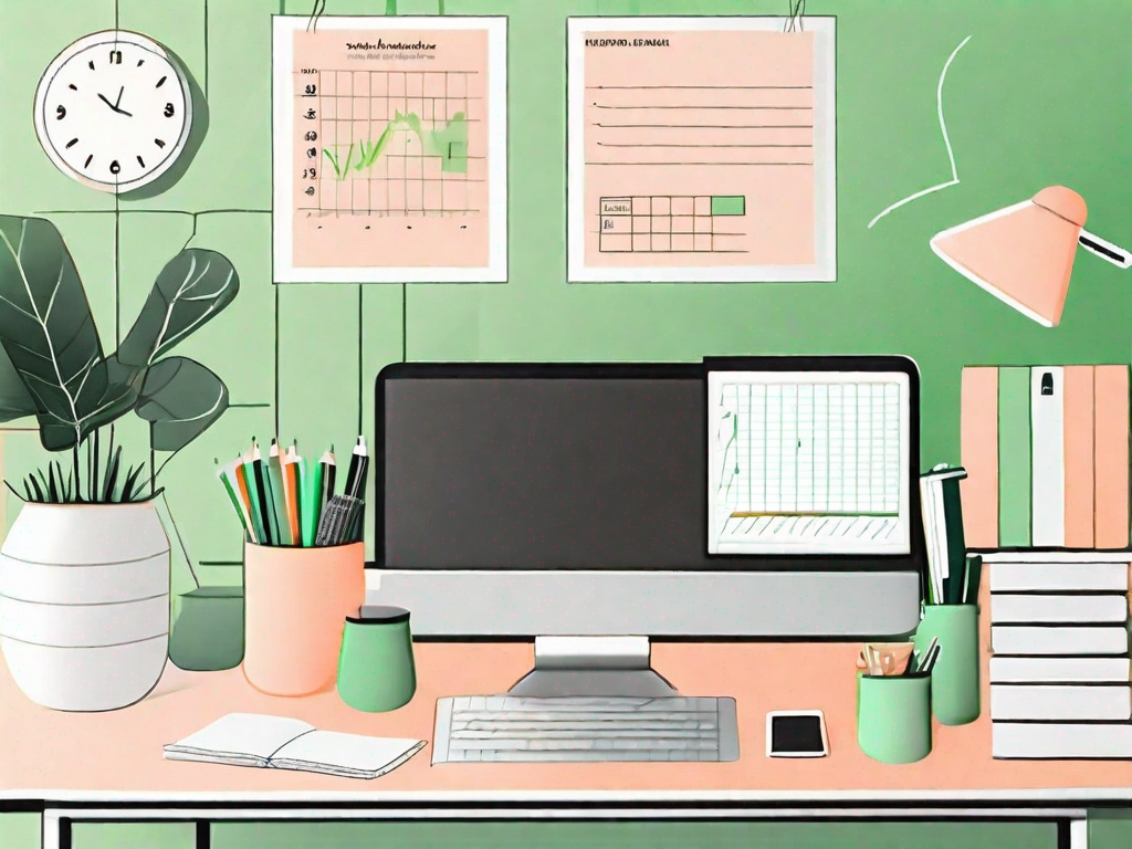 A serene and organized study area with visual aids like timers and color-coded folders