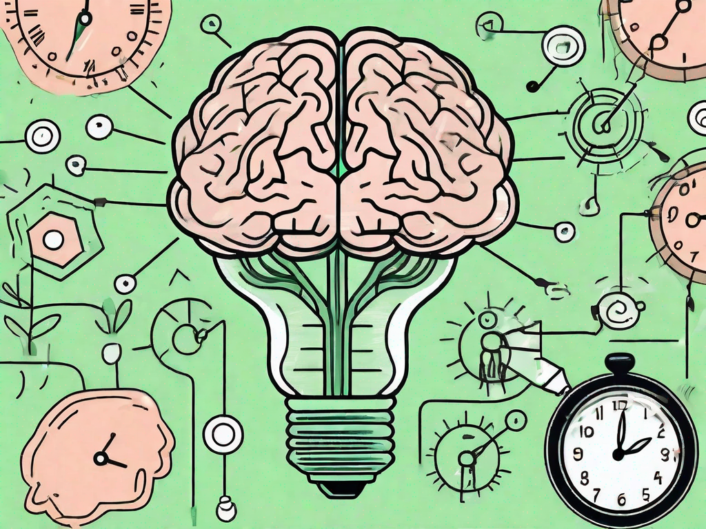 A brain with various symbols around it such as a light bulb