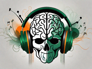 A pair of headphones surrounding a stylized brain