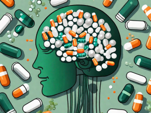 A brain surrounded by various types of medication capsules and pills