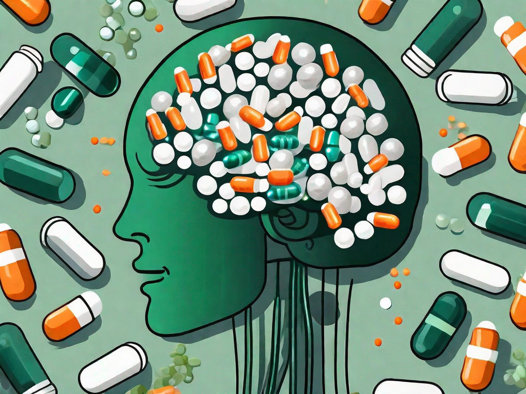 A brain surrounded by various types of medication capsules and pills