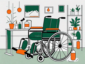 A home setting with various medical equipment like a wheelchair