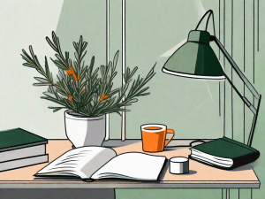 A sprig of rosemary placed strategically on a desk with a book and a lamp