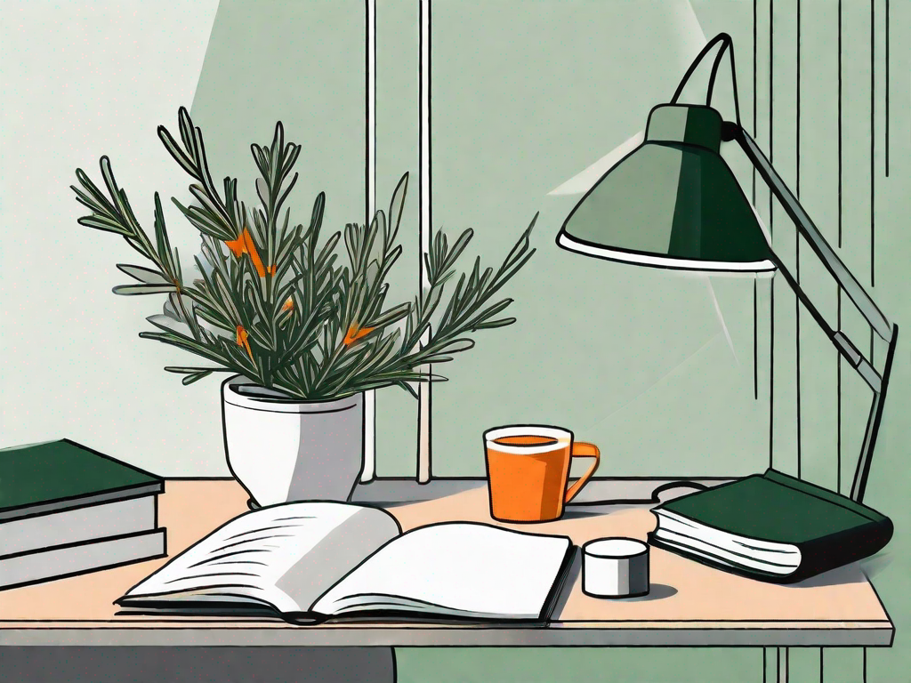 A sprig of rosemary placed strategically on a desk with a book and a lamp