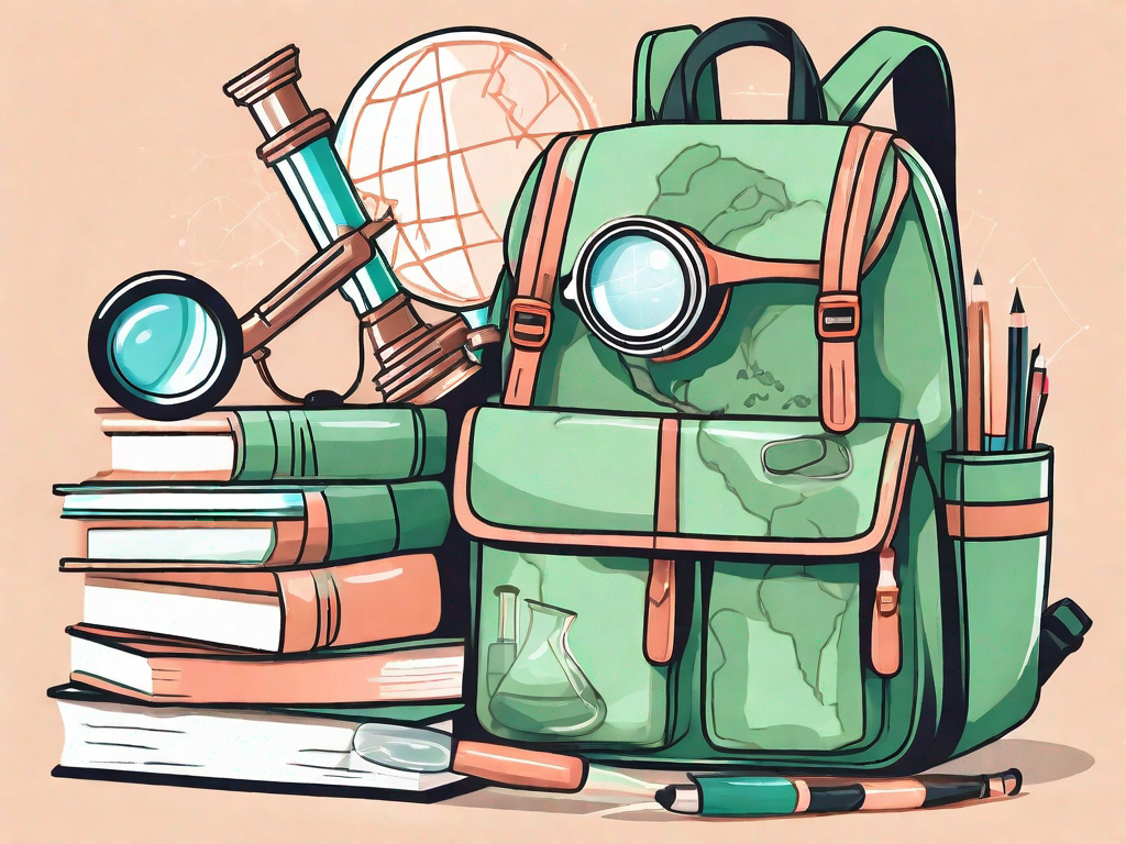 A school bag filled with various educational tools like books
