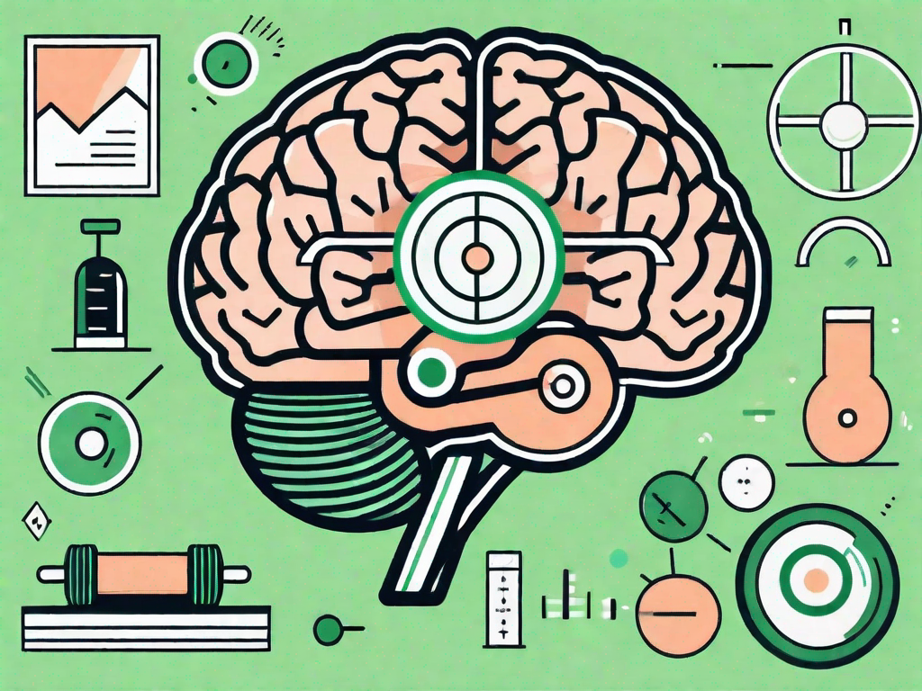 A brain with symbols of exercise equipment like dumbbells and a treadmill