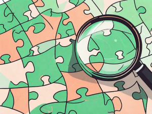 A magnifying glass focusing on a piece of a puzzle that fits perfectly into a larger puzzle