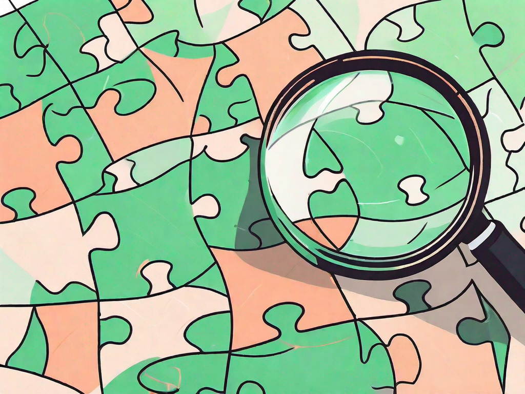 A magnifying glass focusing on a piece of a puzzle that fits perfectly into a larger puzzle