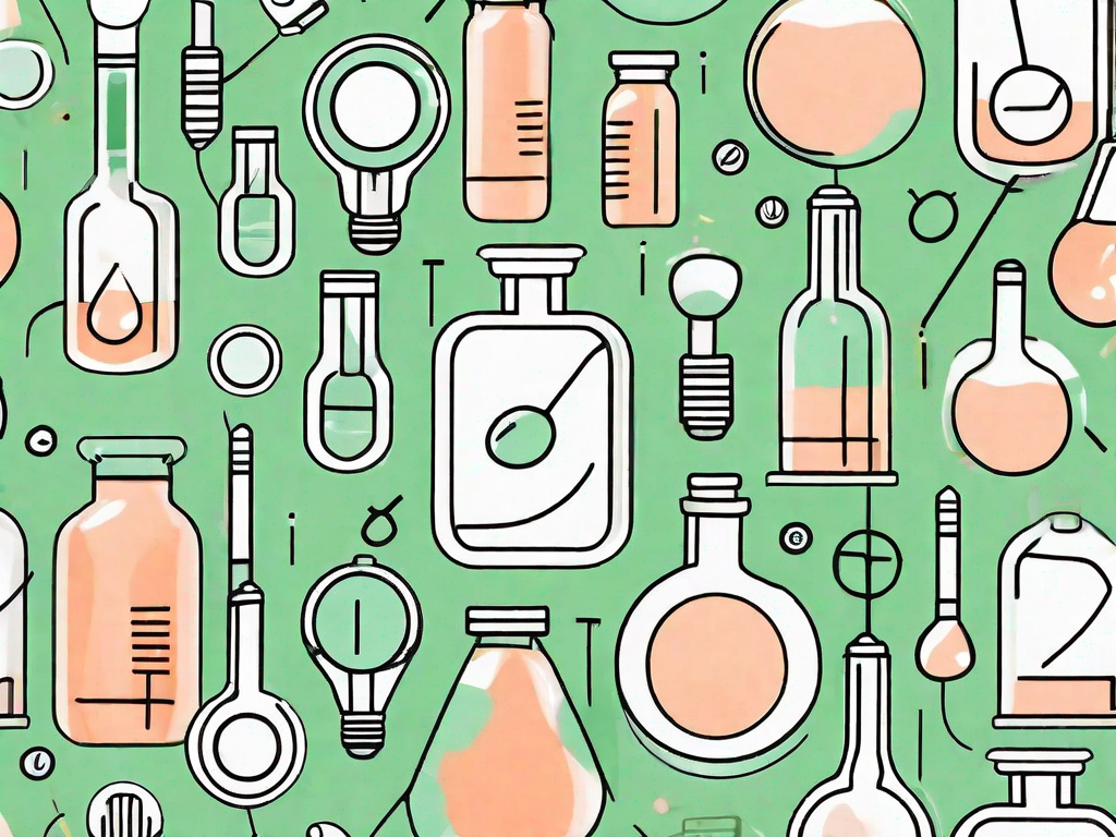 A variety of medicine bottles and pills surrounded by symbols of concentration