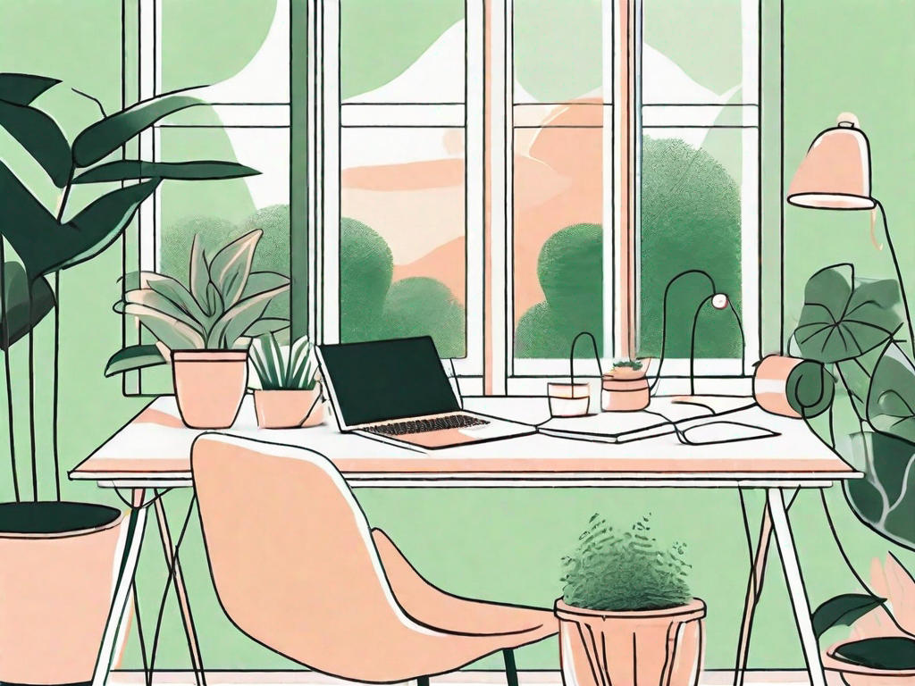 A serene study environment featuring a desk with a lamp