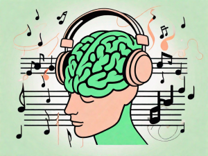 A pair of headphones surrounding a brain with musical notes and symbols floating around it