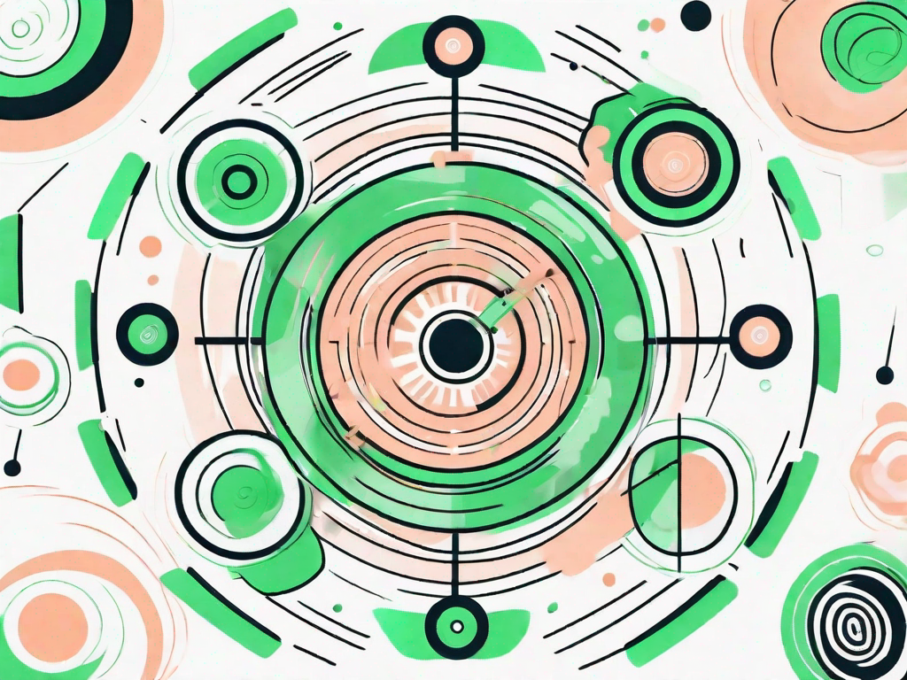 A fidget spinner in motion surrounded by abstract symbols representing focus and concentration