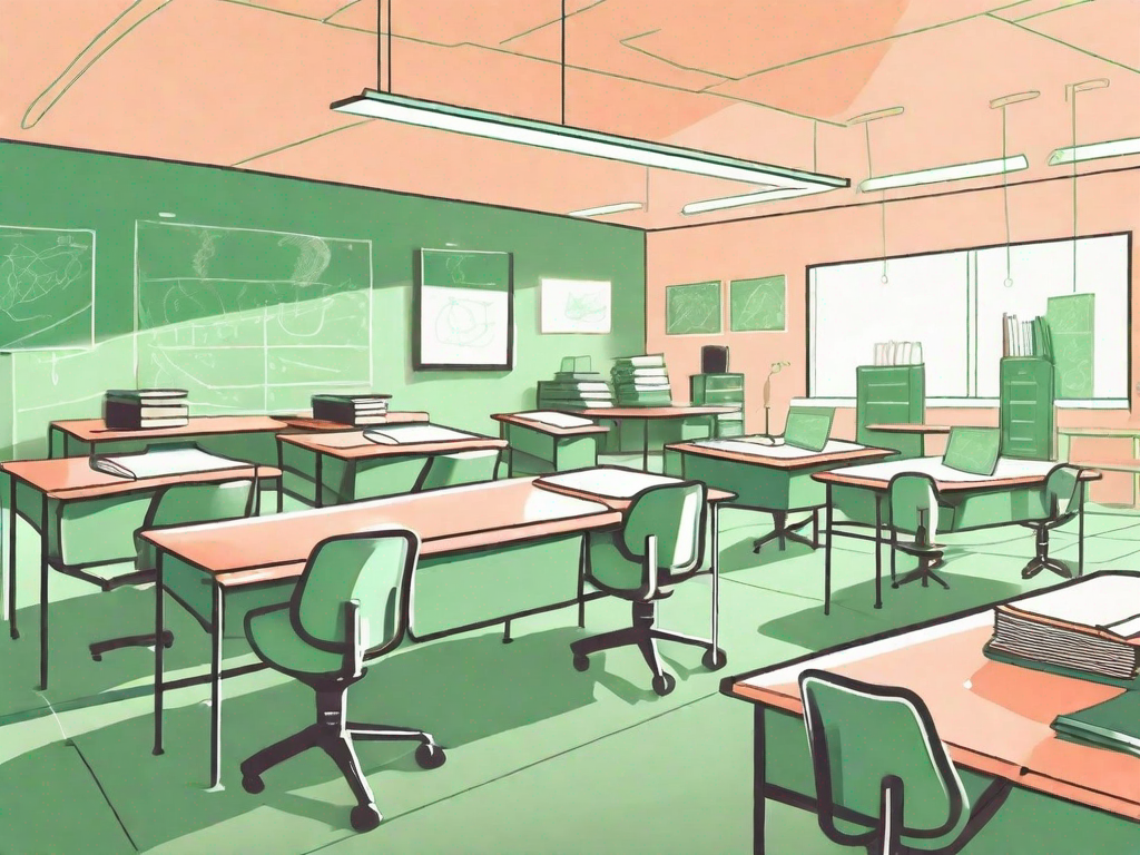 A classroom setting with focused beams of light shining onto individual desks