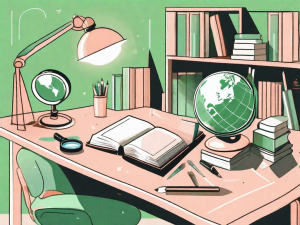 A school setting with scattered educational tools such as books