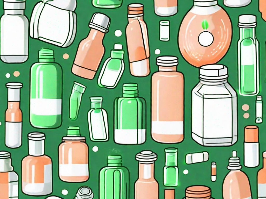 Various types of medication bottles with a focused beam of light shining on them from above