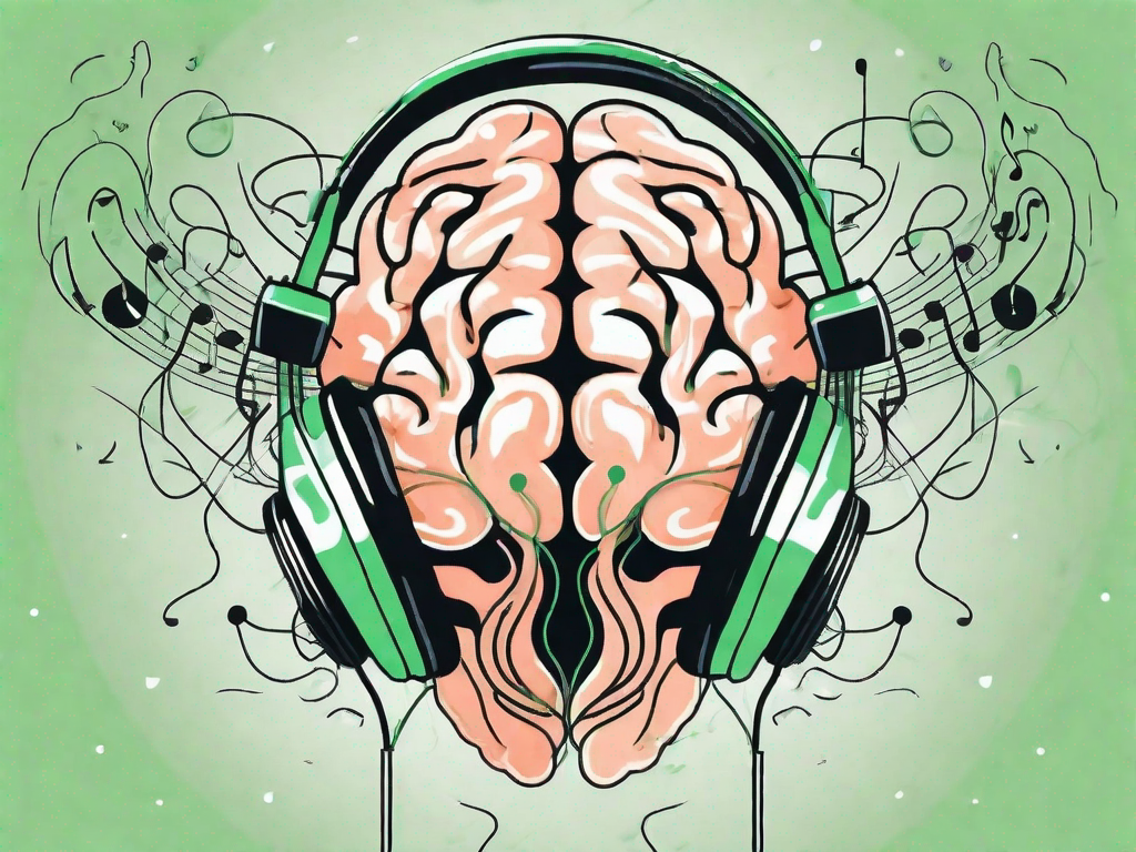 A pair of headphones connected to a brain