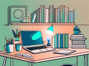 A desk with a lamp emitting blue led light