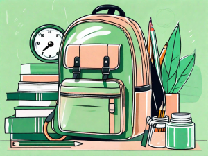 A school backpack with various school supplies like pencils