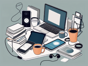 A cluttered desk with scattered books