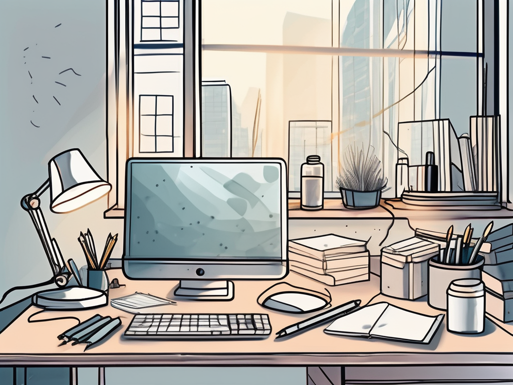 A cluttered desk with a scattered array of office supplies