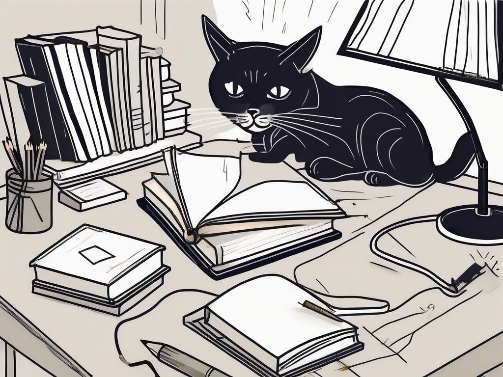 A cluttered desk with scattered books