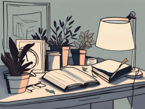 A cluttered desk with scattered books