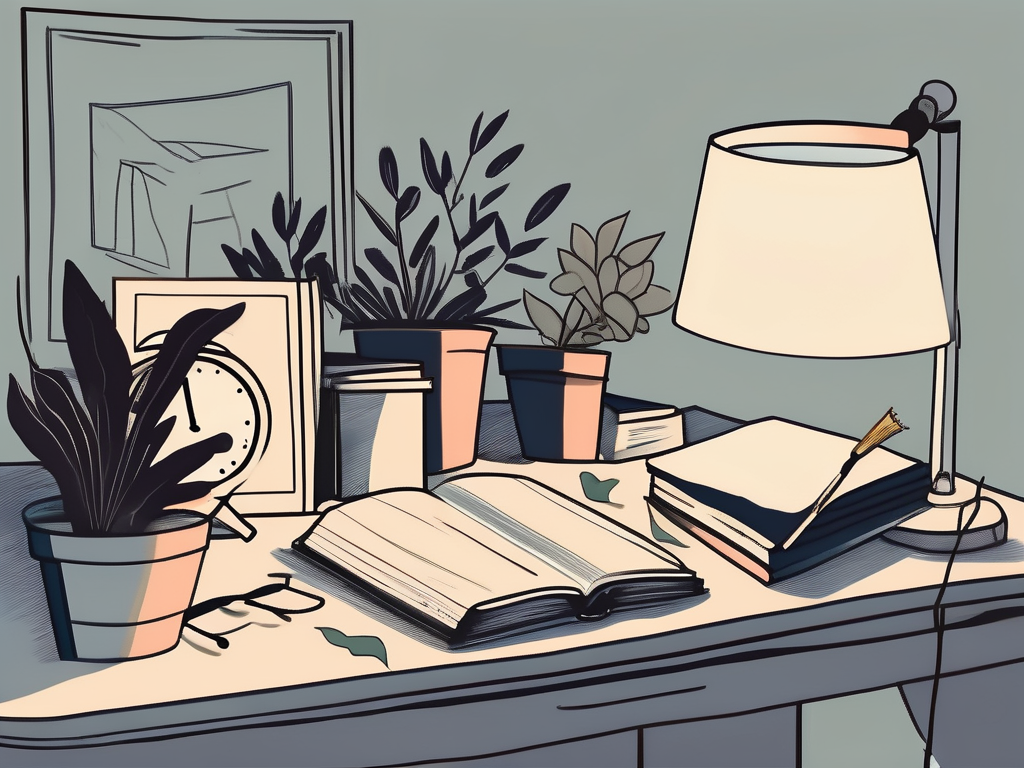 A cluttered desk with scattered books