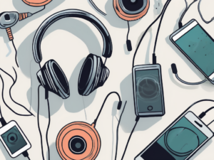 A pair of headphones surrounded by various distractions like a ringing phone