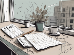 A cluttered desk with scattered papers