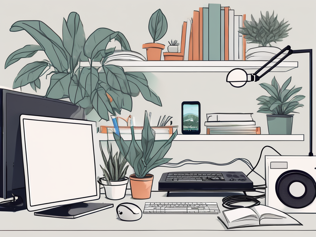 A cluttered desk with various distractions like a gaming console