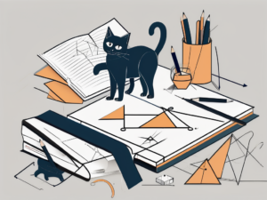 A cluttered desk with a geometry textbook