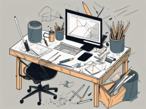 A cluttered desk with various items scattered around