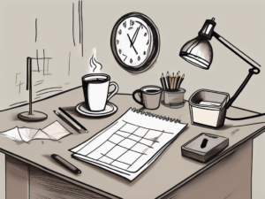 A cluttered desk with a blank paper