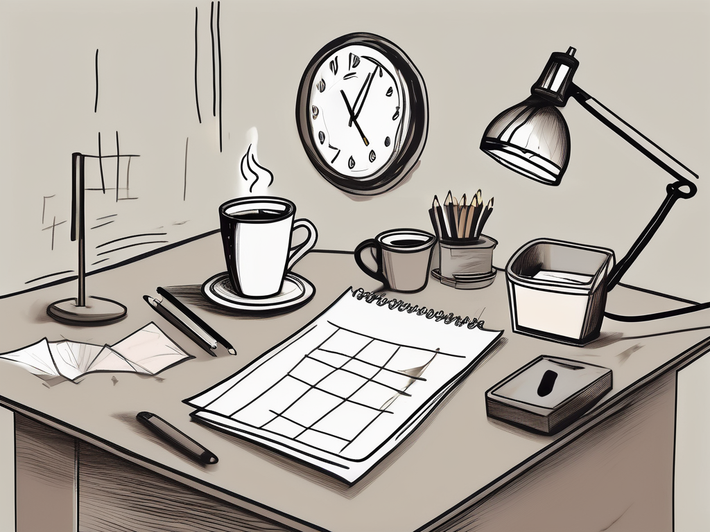 A cluttered desk with a blank paper