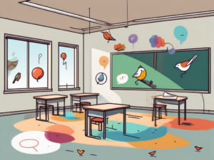 A classroom scene with a small empty desk surrounded by various distractions such as a window view of a playground