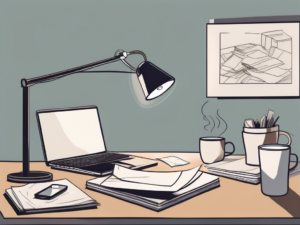 A cluttered workspace with a dimly lit lamp