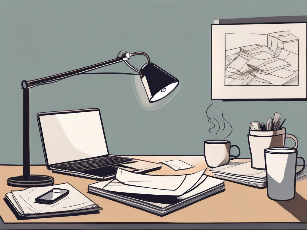 A cluttered workspace with a dimly lit lamp
