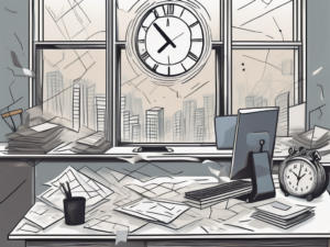A cluttered desk with scattered papers