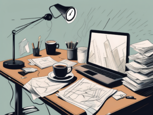 A cluttered desk with scattered papers