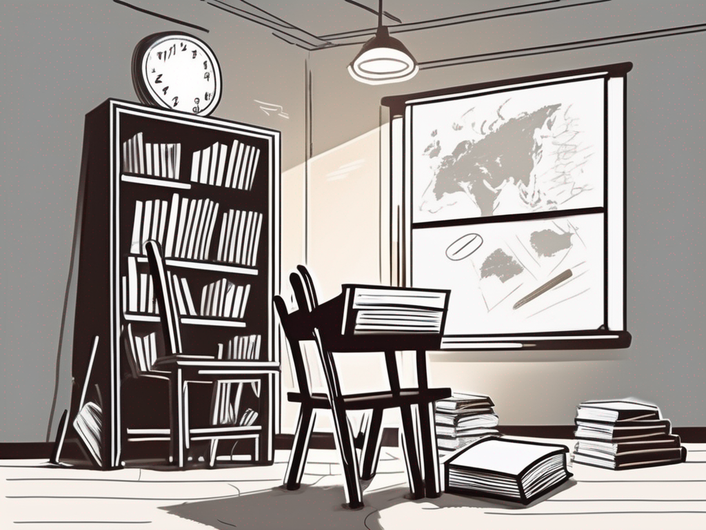 A classroom setting with scattered books
