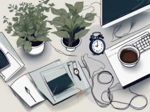 An empty plate next to a computer on a cluttered desk