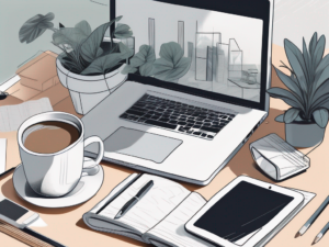 A cluttered desk with various distractions like a smartphone