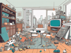 A cluttered room with multiple distractions such as a blaring television