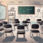 A classroom setting with scattered chairs