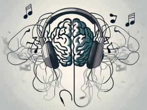 A pair of headphones tangled around a brain