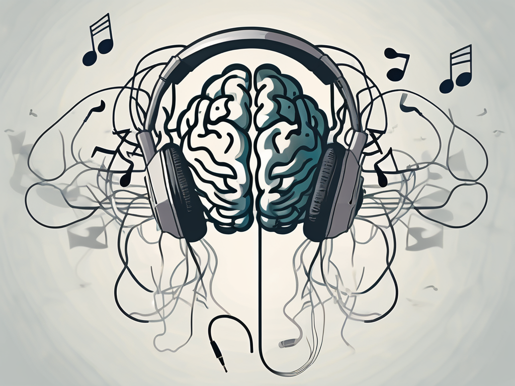 A pair of headphones tangled around a brain