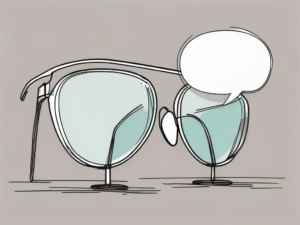 A pair of glasses focusing on a speech bubble with a broken line