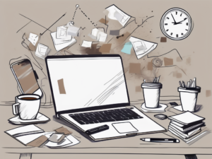 A cluttered desk with multiple distractions like a smartphone with notifications